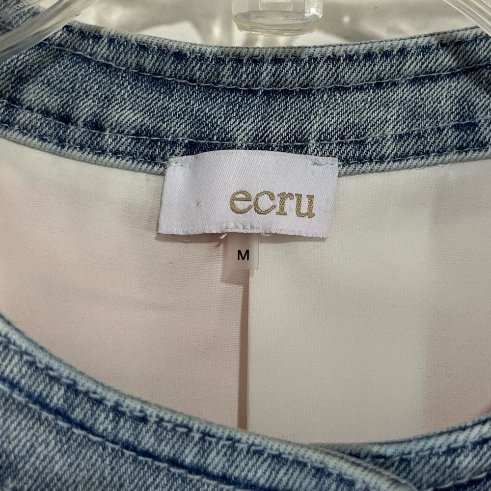 Ecru Denim Trim Tweed Jacket Size Medium Pink White Snap Front - Picture 2 of 10